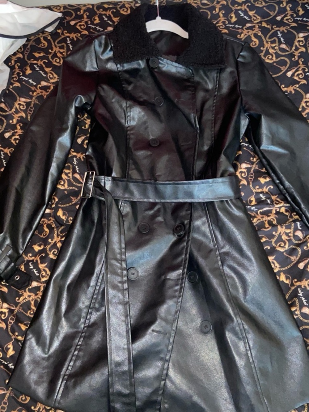 Women’s Black Faux Leather Trench Coat with Sherpa Collar
